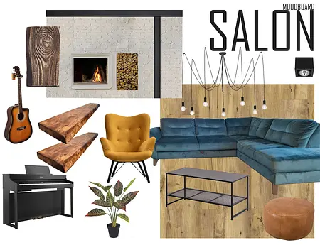 Wnętrze salonu ze skandynawskim stylem, niebieska sofa, drewno, kominek.