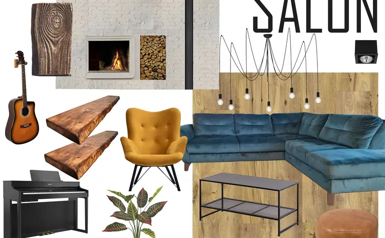 Wnętrze salonu ze skandynawskim stylem, niebieska sofa, drewno, kominek.