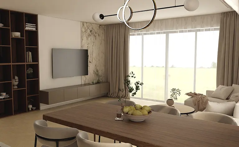 Minimalistyczny salon z drewnianym stołem i nowoczesnymi akcentami.