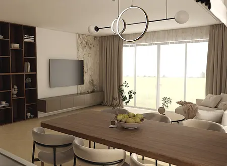 Minimalistyczny salon z drewnianym stołem i nowoczesnymi akcentami.