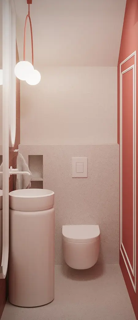 Nowoczesna łazienka z boho i glamour akcentami, okrągłe lustro i minimalistyczne elementy.