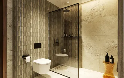 Nowoczesna łazienka z minimalistycznymi detalami w stylu quiet luxury.