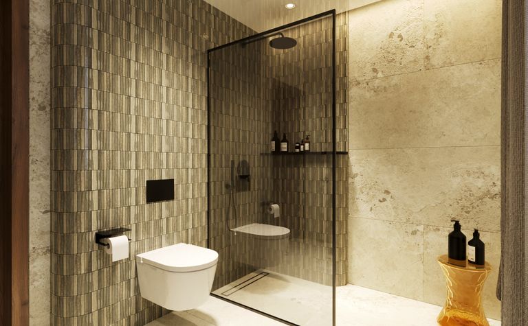 Nowoczesna łazienka z minimalistycznymi detalami w stylu quiet luxury.