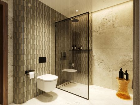Nowoczesna łazienka z minimalistycznymi detalami w stylu quiet luxury.