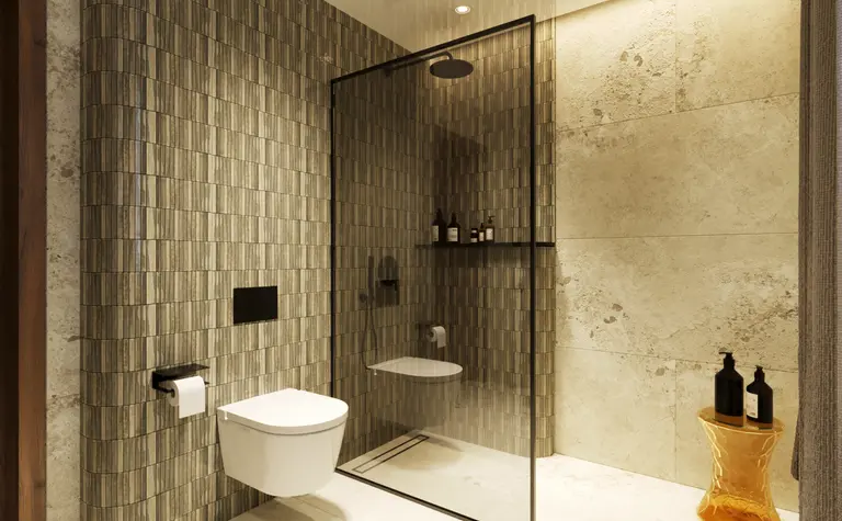 Nowoczesna łazienka z minimalistycznymi detalami w stylu quiet luxury.