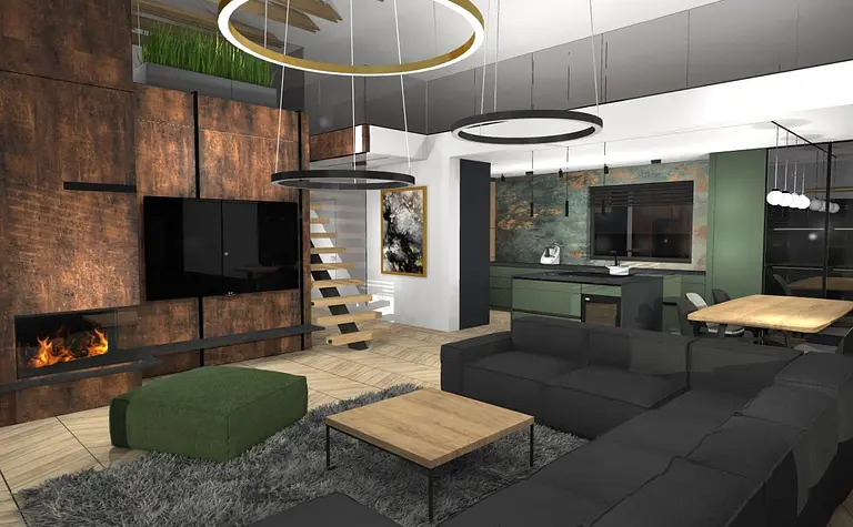 Wnętrze salonu z elementami dopamine decor i industrialnym stylem. Nowoczesne meble.