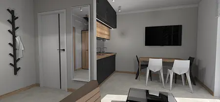 Wnętrze kuchni z drewnianymi meblami, industrialnymi i minimalistycznymi akcentami.