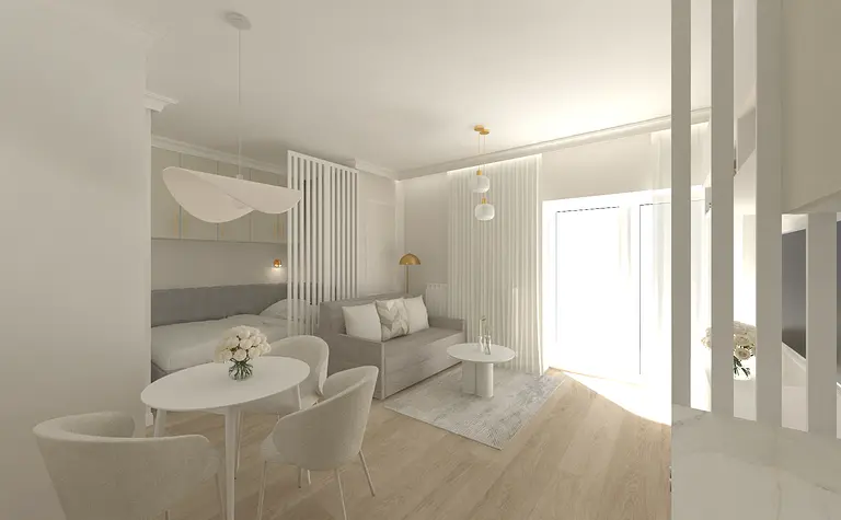 Eklektyczne wnętrze z szarym narożnikiem, białym stołem i jasnymi zasłonami.