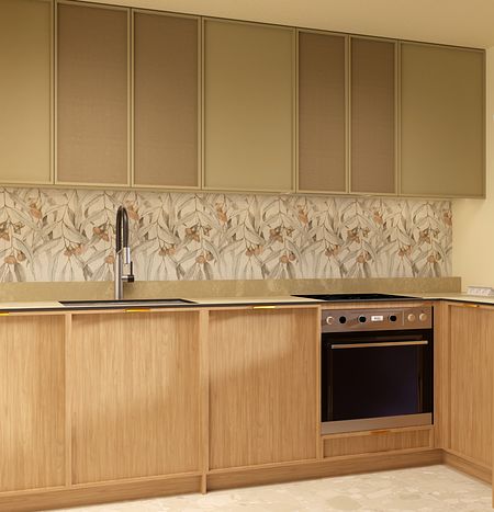 Wnętrze kuchni z drewnianymi meblami i beżowym tłem w stylu współczesnym i prowansalskim.