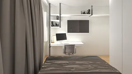 Wnętrze minimalistycznego pokoju z biurkiem, szaro-białymi ścianami i półkami.