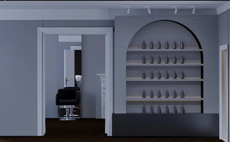 Wnętrze z szarymi ścianami, półkami i fotelami, styl japandi, minimalistyczny, nowoczesny.