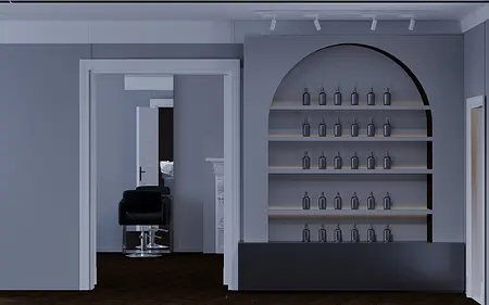 Wnętrze z szarymi ścianami, półkami i fotelami, styl japandi, minimalistyczny, nowoczesny.