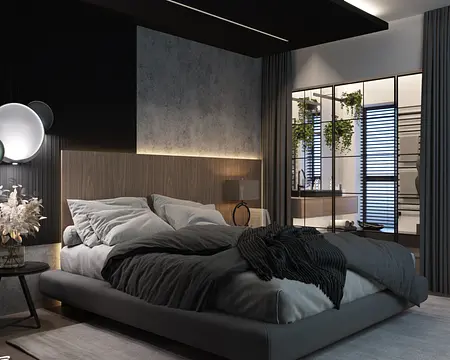 Sypialnia w stylu quiet luxury, współczesna, z drewnianym łóżkiem i nowoczesnymi dodatkami.