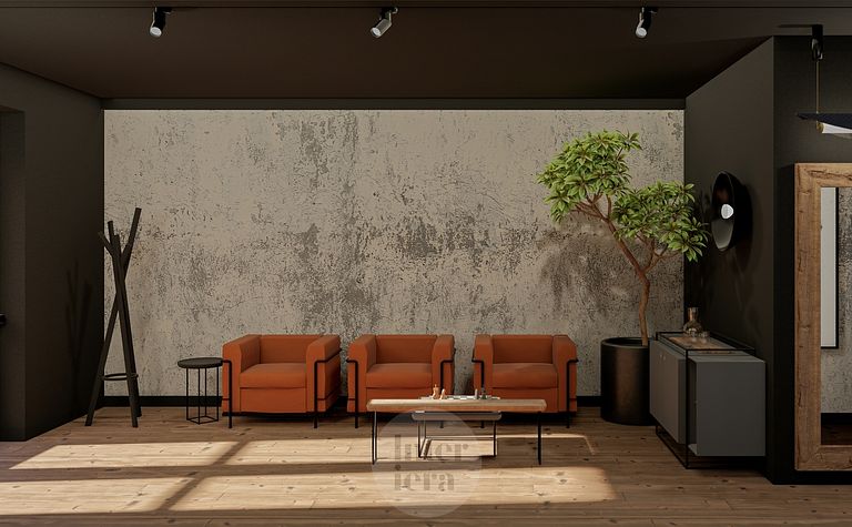 Wnętrze w stylu eklektycznym z pomarańczowymi fotelami, drewnianym stołem i industrialnymi akcentami.