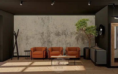 Wnętrze w stylu eklektycznym z pomarańczowymi fotelami, drewnianym stołem i industrialnymi akcentami.