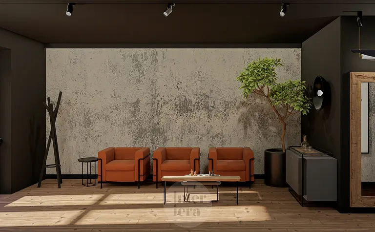 Wnętrze w stylu eklektycznym z pomarańczowymi fotelami, drewnianym stołem i industrialnymi akcentami.