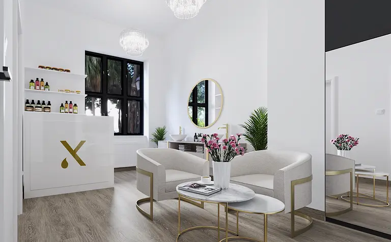 Wnętrze salonu z białą sofą, złotymi detalami i roślinami, nowoczesny styl glamour.