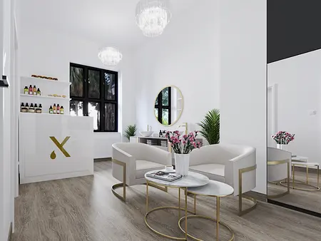 Wnętrze salonu z białą sofą, złotymi detalami i roślinami, nowoczesny styl glamour.