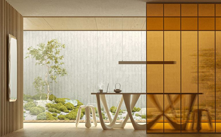 Wnętrze w stylu industrialnym, japandi i minimalistycznym z drewnianym biurkiem i roślinnością.