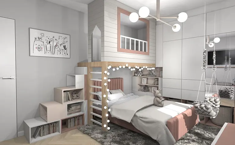 Pokój dziecięcy z łóżkiem, regałem i dekoracjami w stylu dopamine decor, industrialnym, nowoczesnym, współczesnym.