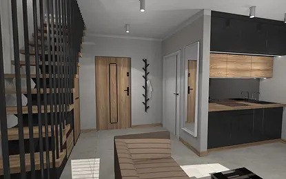 Wnętrze z nowoczesnym designem, drewniane schody, minimalistyczna kuchnia, industrialne elementy.