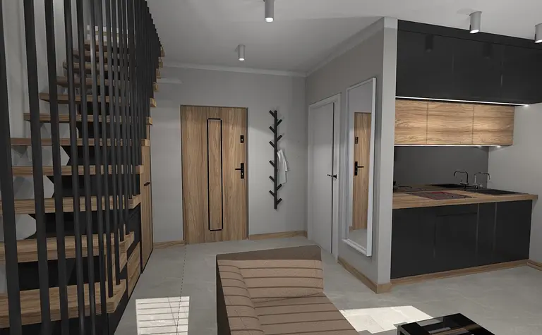 Wnętrze z nowoczesnym designem, drewniane schody, minimalistyczna kuchnia, industrialne elementy.