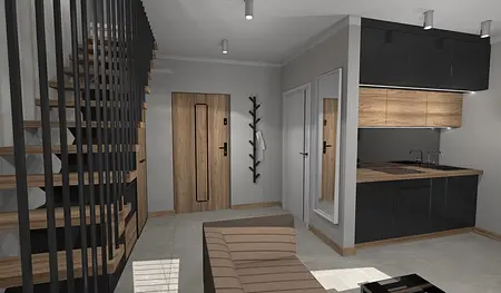 Wnętrze z nowoczesnym designem, drewniane schody, minimalistyczna kuchnia, industrialne elementy.