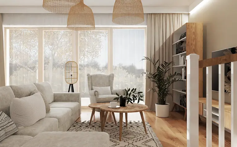 Wnętrze salonu z roślinną dekoracją i naturalnym drewnem w stylu boho, eklektycznym i skandynawskim.