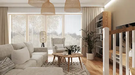 Wnętrze salonu z roślinną dekoracją i naturalnym drewnem w stylu boho, eklektycznym i skandynawskim.