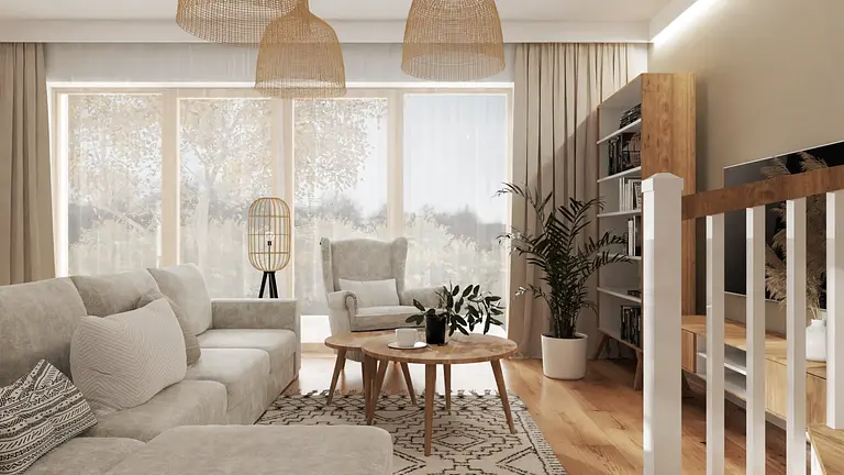Wnętrze salonu z roślinną dekoracją i naturalnym drewnem w stylu boho, eklektycznym i skandynawskim.