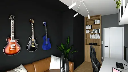 Wnętrze pokoju z gitarami na ścianie, rośliną i biurkiem, industrialny, minimalistyczny, nowoczesny.