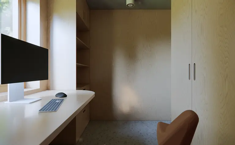 Wnętrze gabinetu w stylu japandi, minimalistycznym i skandynawskim z drewnianymi elementami.