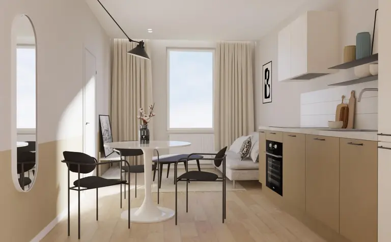 Wnętrze kuchni w stylu japandi i minimalistycznym z jasnymi meblami i drewnianą podłogą.