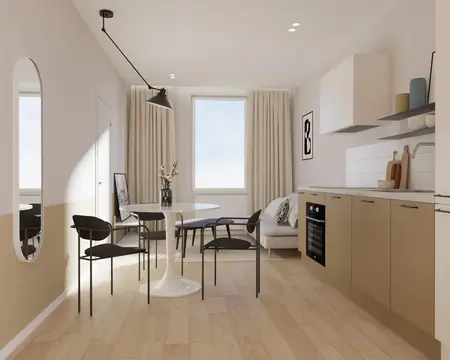 Wnętrze kuchni w stylu japandi i minimalistycznym z jasnymi meblami i drewnianą podłogą.