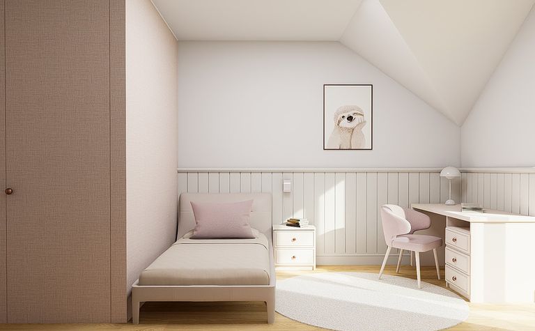 Pokój dziecięcy w stylu eklektycznym i soft minimalizm z łóżkiem i biurkiem.