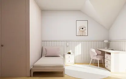 Pokój dziecięcy w stylu eklektycznym i soft minimalizm z łóżkiem i biurkiem.