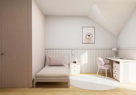 Pokój dziecięcy w stylu eklektycznym i soft minimalizm z łóżkiem i biurkiem.