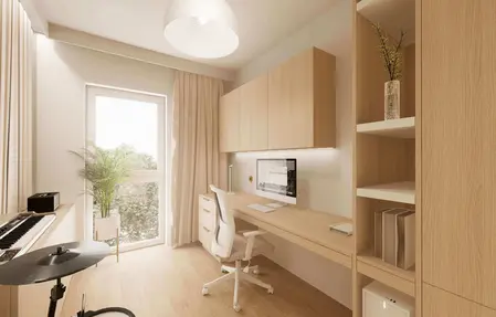 Wnętrze biura w stylu japandi, minimalistycznym i nowoczesnym z drewnianym biurkiem.