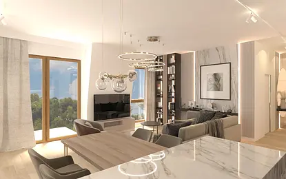 Wnętrze salonu w stylu glamour i nowoczesnym z szarymi meblami i dużym oknem.