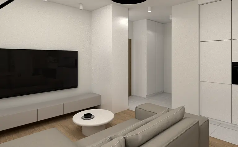 Wnętrze salonu z minimalistycznym stylem i industrialnymi akcentami.