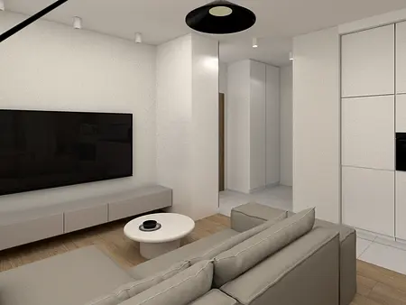 Wnętrze salonu z minimalistycznym stylem i industrialnymi akcentami.