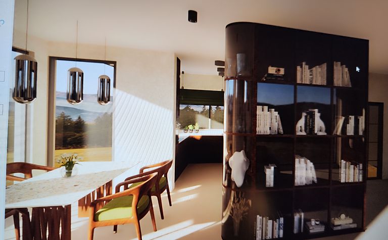 Wnętrze jadalni z nowoczesnym stołem, krzesłami i półką na książki.