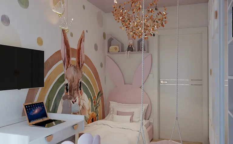 Pokój dziecięcy z różowym łóżkiem, biurkiem i lampą, styl glamour i nowoczesny.