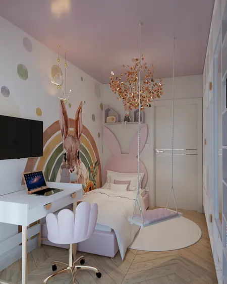 Pokój dziecięcy z różowym łóżkiem, biurkiem i lampą, styl glamour i nowoczesny.