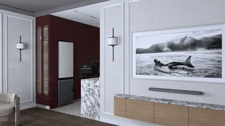 Wnętrze kuchni z marmurowym blatem i bordowymi meblami, styl quiet luxury i współczesny.