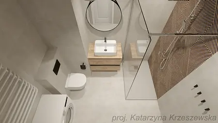 Wnętrze łazienki z minimalistycznym designem, industrialnymi elementami i współczesnymi akcentami.