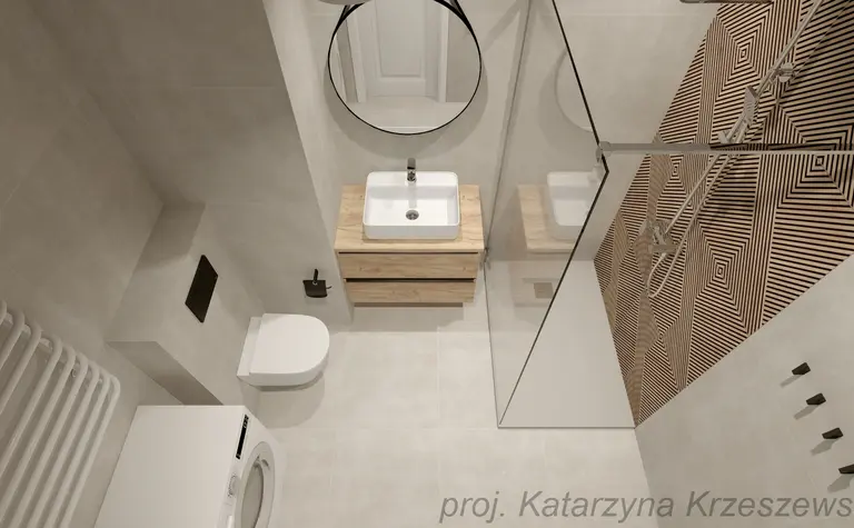 Wnętrze łazienki z minimalistycznym designem, industrialnymi elementami i współczesnymi akcentami.