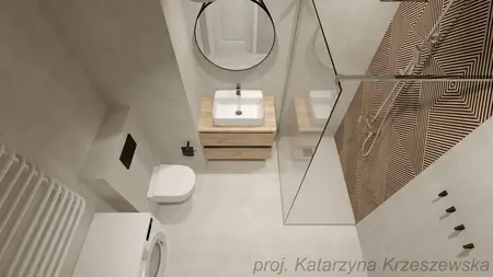 Wnętrze łazienki z minimalistycznym designem, industrialnymi elementami i współczesnymi akcentami.