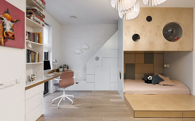Wnętrze pokoju dziecięcego z łóżkiem i biurkiem, nowoczesny design.