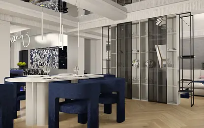 Wnętrze jadalni w stylu dopamine decor i eklektycznym z niebieskimi krzesłami.